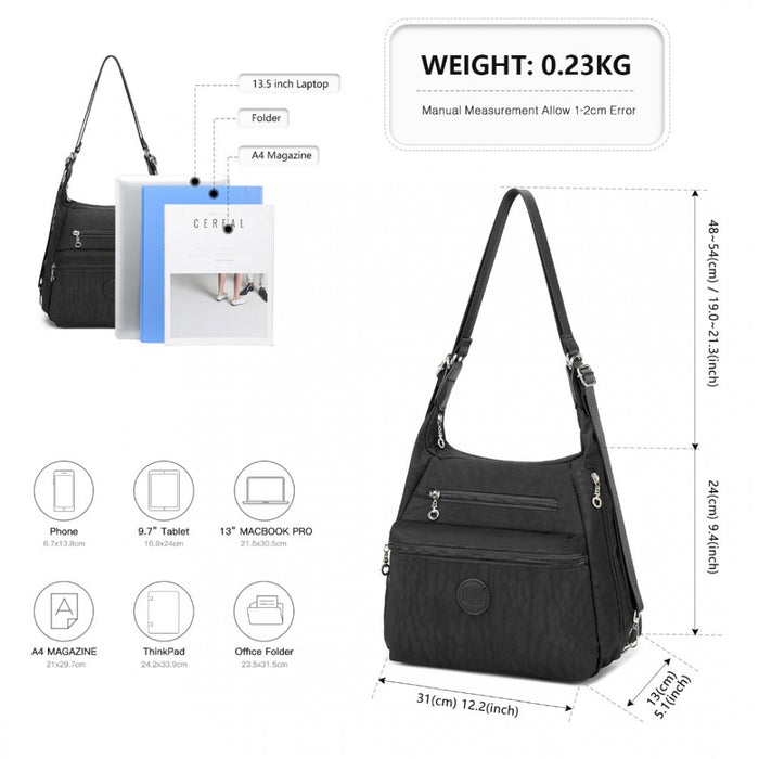 Three Way Casual Shoulder Bag with Double Zippers – Black