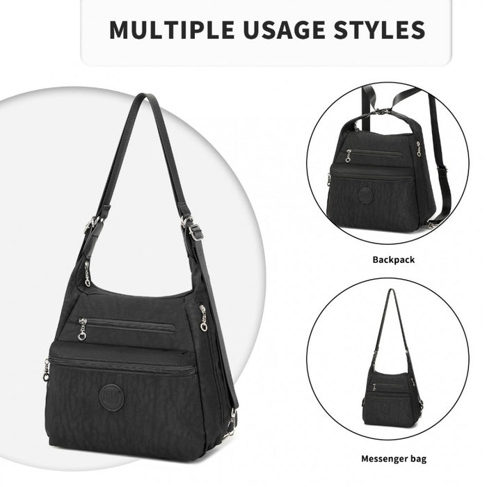 Three Way Casual Shoulder Bag with Double Zippers – Black