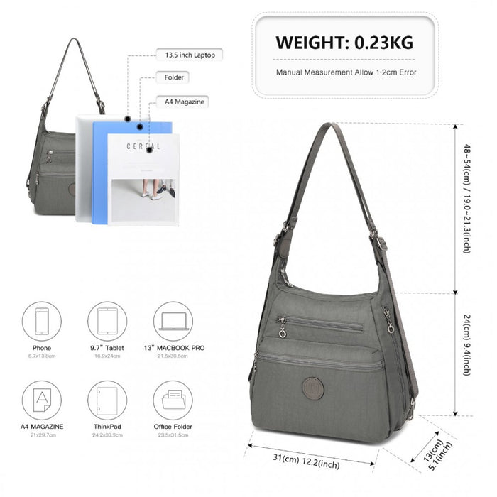Three Way Casual Shoulder Bag with Double Zippers – Grey