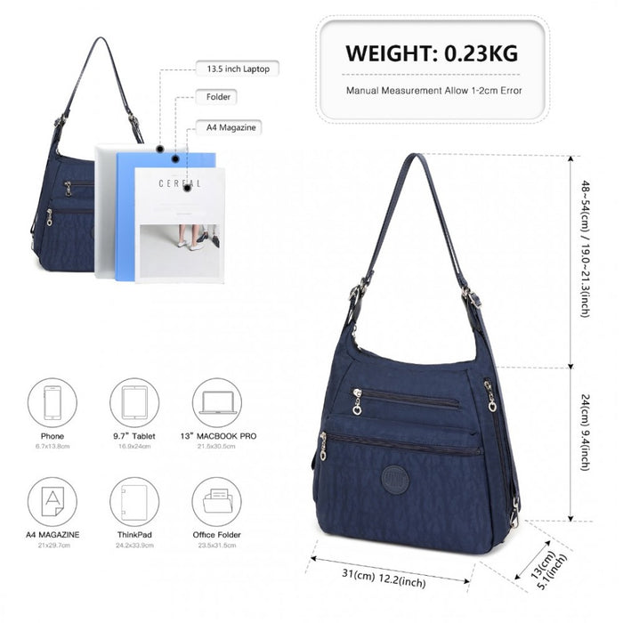 Three Way Casual Shoulder Bag with Double Zippers – Navy
