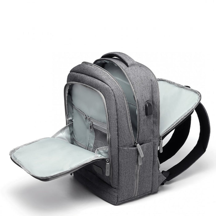 Multi-Compartment Backpack with USB Port – Grey