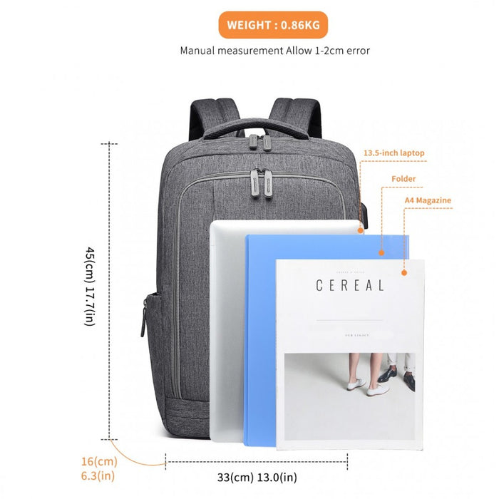 Multi-Compartment Backpack with USB Port – Grey