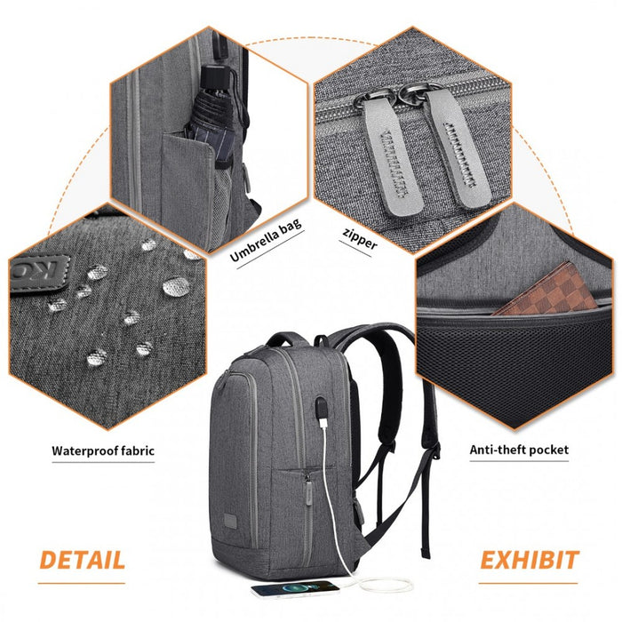 Multi-Compartment Backpack with USB Port – Grey