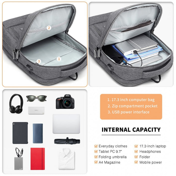 Multi-Compartment Backpack with USB Port – Grey