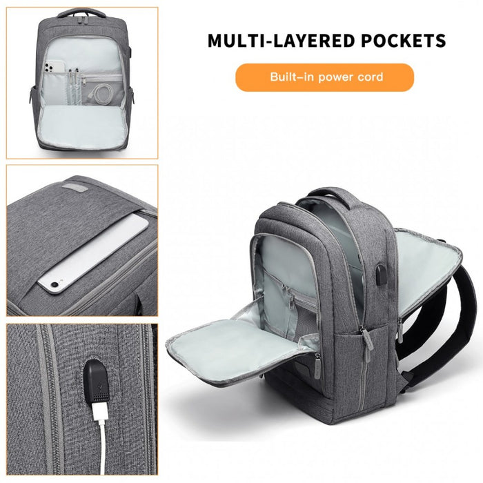 Multi-Compartment Backpack with USB Port – Grey