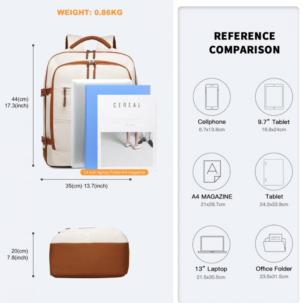 Carry-On Travel Backpack with Suitcase-Style Opening Multi-Level Cabin Bag – Beige and Brown