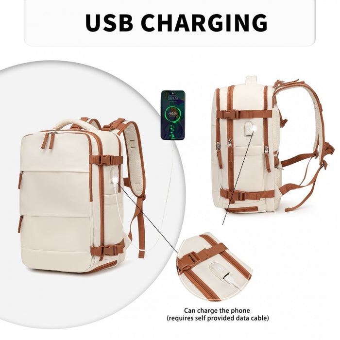 Breathable Travel Backpack with USB Charging Port and Separate Shoe Compartment – Beige and Brown