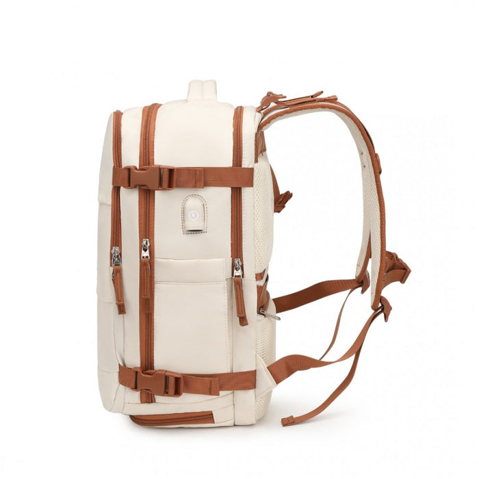 Breathable Travel Backpack with USB Charging Port and Separate Shoe Compartment – Beige and Brown