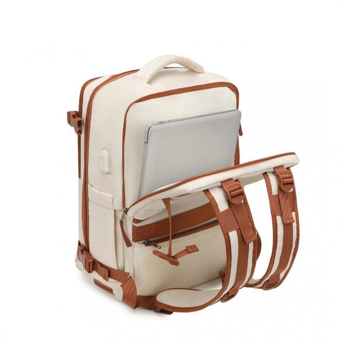 Breathable Travel Backpack with USB Charging Port and Separate Shoe Compartment – Beige and Brown