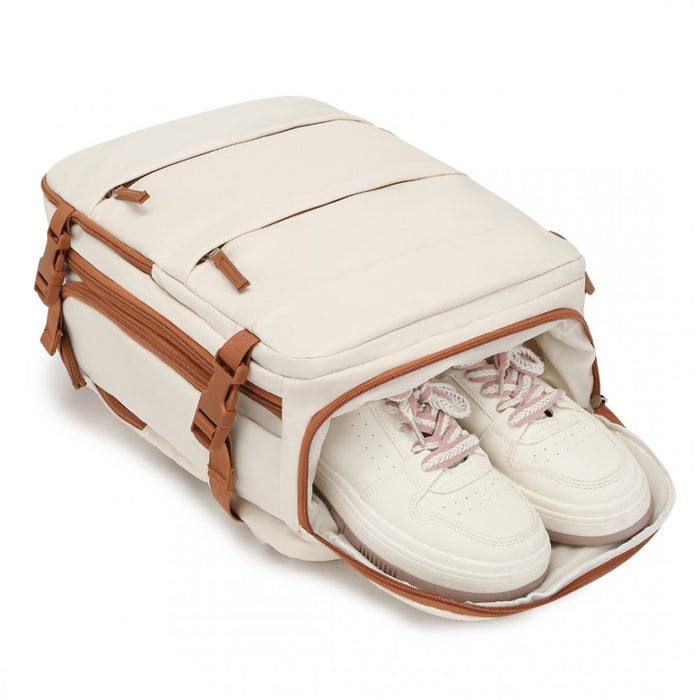 Breathable Travel Backpack with USB Charging Port and Separate Shoe Compartment – Beige and Brown