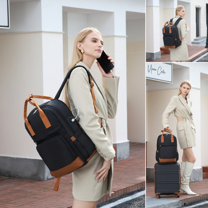 Multi-Compartment Laptop Backpack with Type-C USB Charging Port and Small Pouch – Black and Brown
