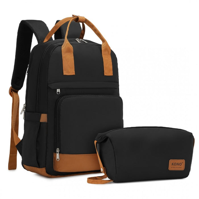Multi-Compartment Laptop Backpack with Type-C USB Charging Port and Small Pouch – Black and Brown