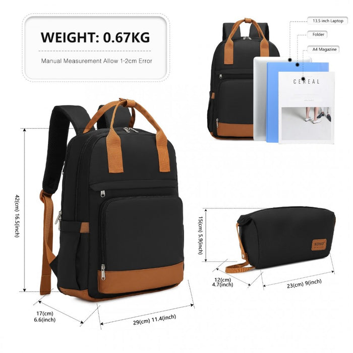 Multi-Compartment Laptop Backpack with Type-C USB Charging Port and Small Pouch – Black and Brown