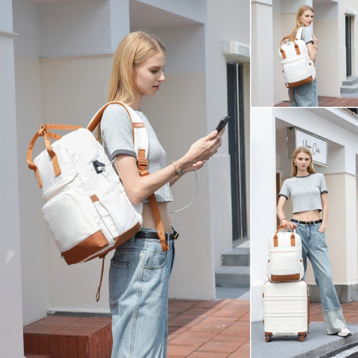 Multi-Compartment Laptop Backpack with Type-C USB Charging Port and Small Pouch – Cream and Brown