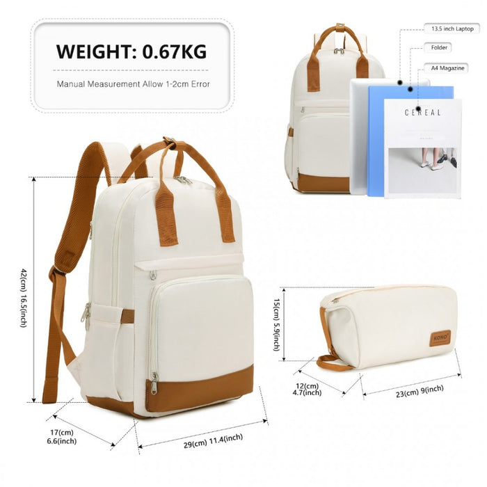 Multi-Compartment Laptop Backpack with Type-C USB Charging Port and Small Pouch – Cream and Brown