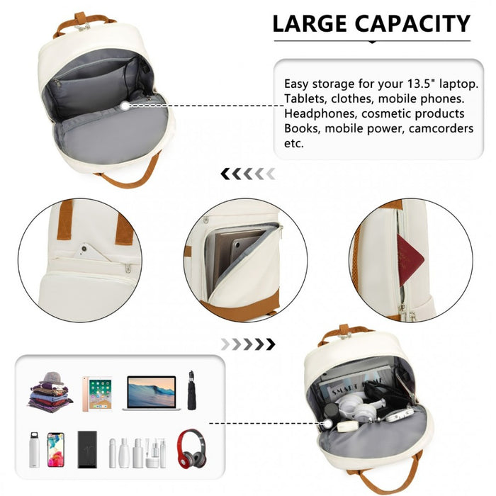 Multi-Compartment Laptop Backpack with Type-C USB Charging Port and Small Pouch – Cream and Brown