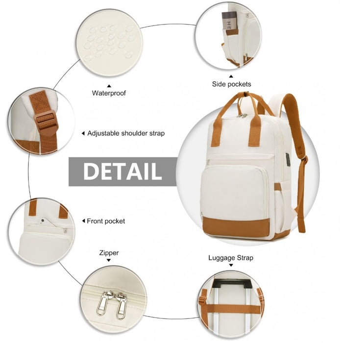 Multi-Compartment Laptop Backpack with Type-C USB Charging Port and Small Pouch – Cream and Brown