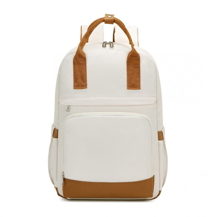 Multi-Compartment Laptop Backpack with Type-C USB Charging Port and Small Pouch – Cream and Brown