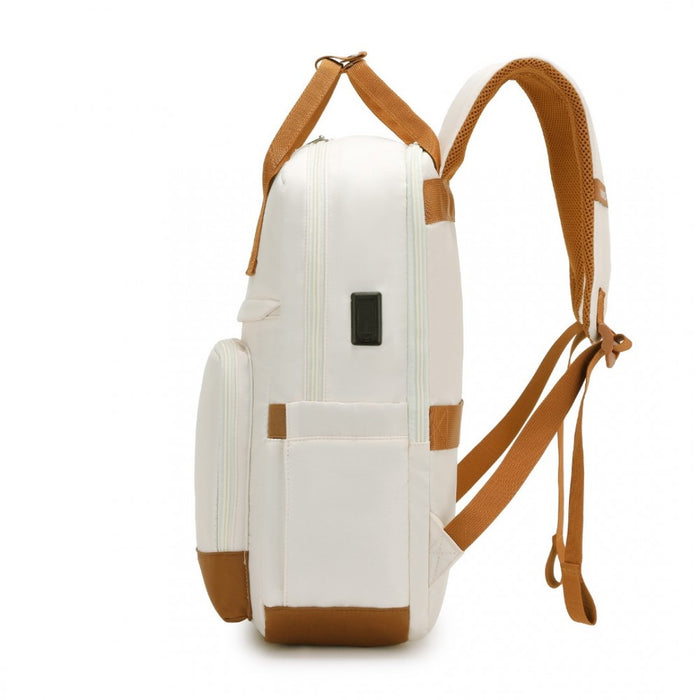 Multi-Compartment Laptop Backpack with Type-C USB Charging Port and Small Pouch – Cream and Brown