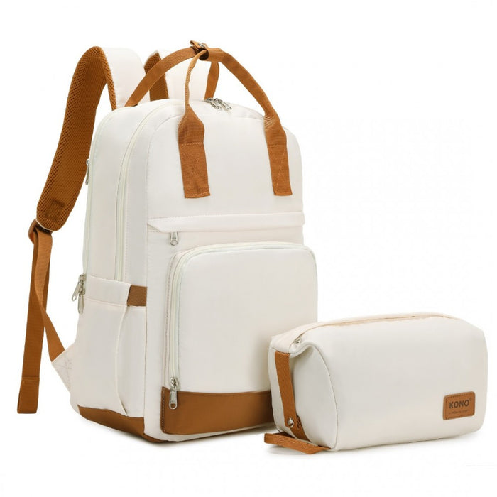 Multi-Compartment Laptop Backpack with Type-C USB Charging Port and Small Pouch – Cream and Brown