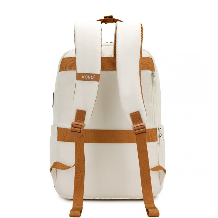 Multi-Compartment Laptop Backpack with Type-C USB Charging Port and Small Pouch – Cream and Brown