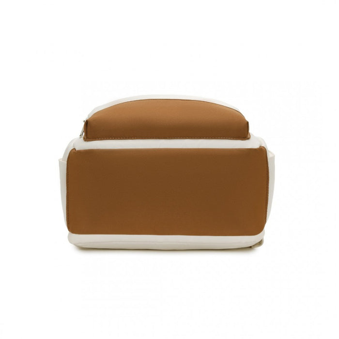 Multi-Compartment Laptop Backpack with Type-C USB Charging Port and Small Pouch – Cream and Brown