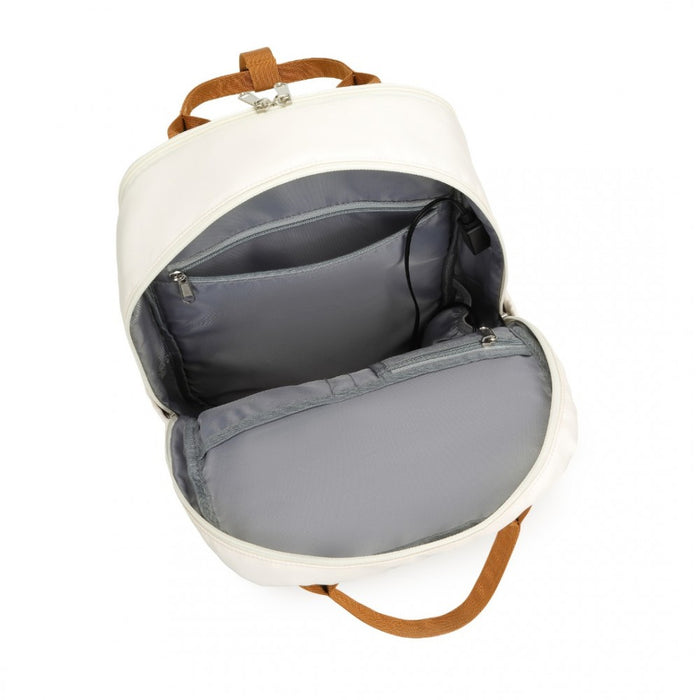 Multi-Compartment Laptop Backpack with Type-C USB Charging Port and Small Pouch – Cream and Brown