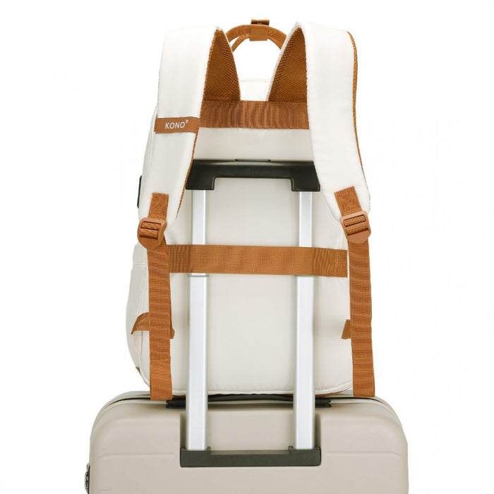 Multi-Compartment Laptop Backpack with Type-C USB Charging Port and Small Pouch – Cream and Brown