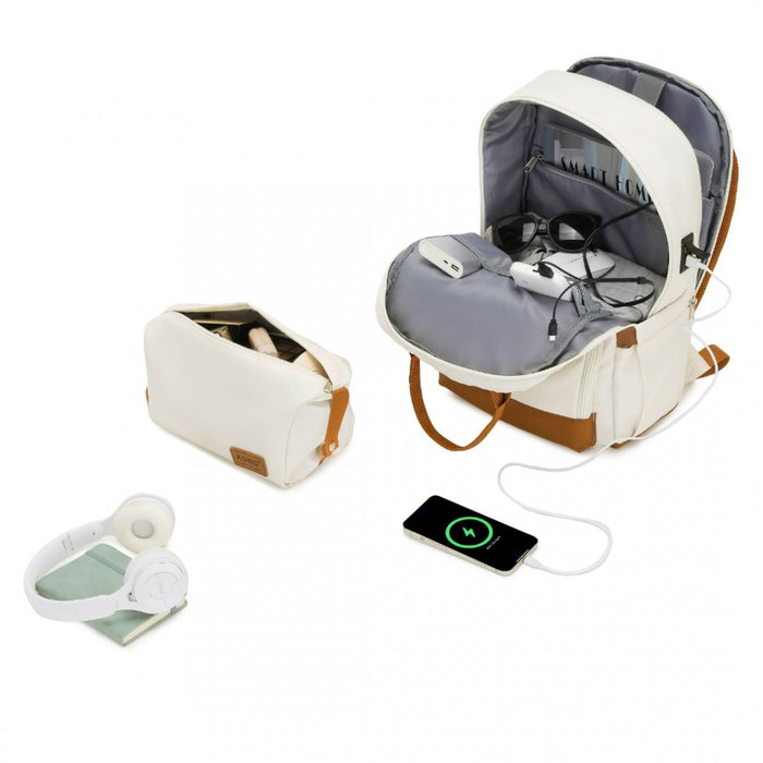 Multi-Compartment Laptop Backpack with Type-C USB Charging Port and Small Pouch – Cream and Brown