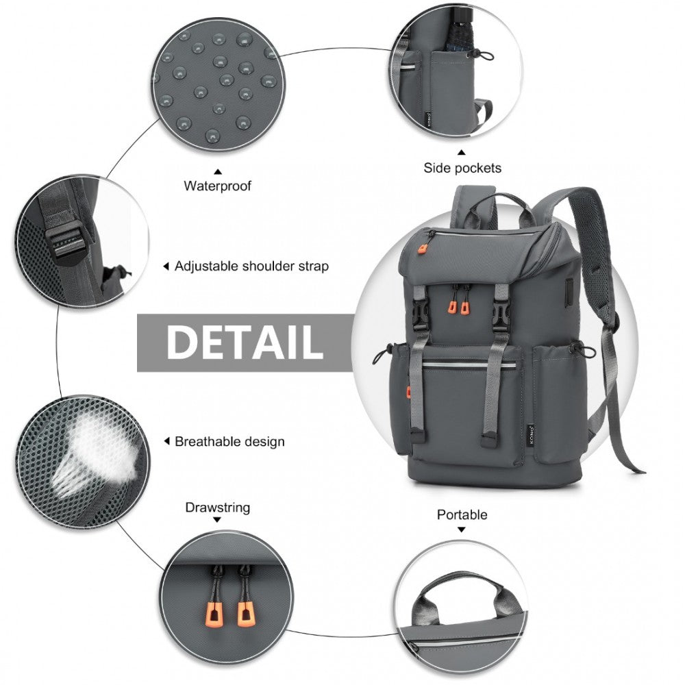 Advanced Leisure Backpack with Reflective Safety Features USB Charging and Dedicated Laptop Sleeve – Grey