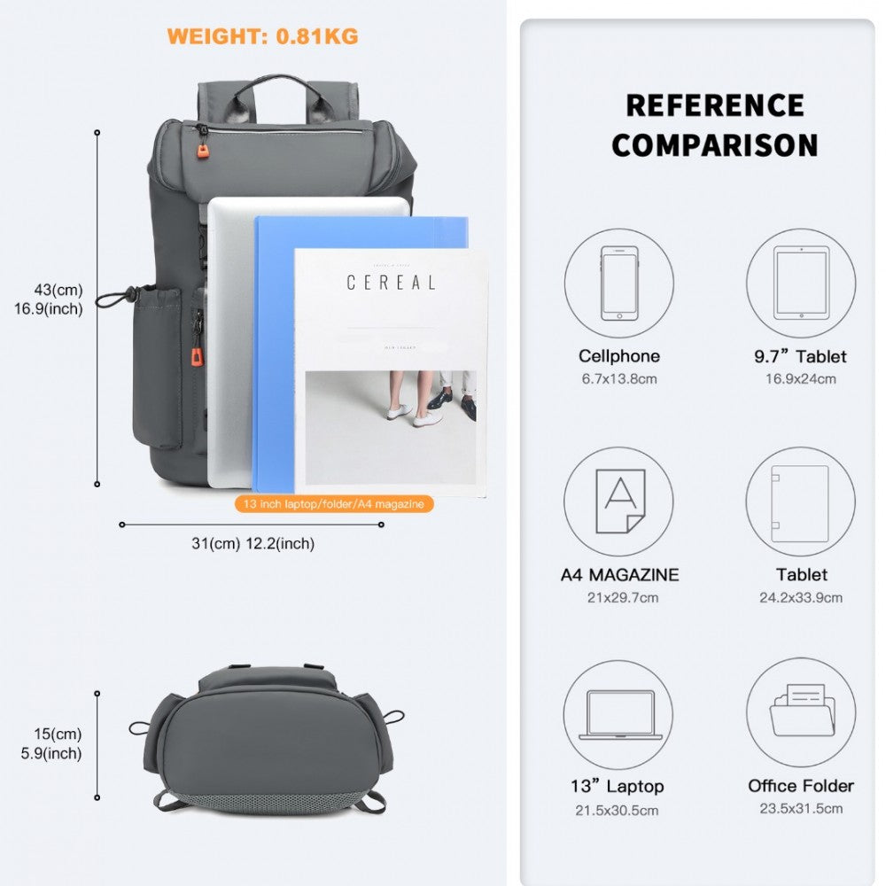 Advanced Leisure Backpack with Reflective Safety Features USB Charging and Dedicated Laptop Sleeve – Grey
