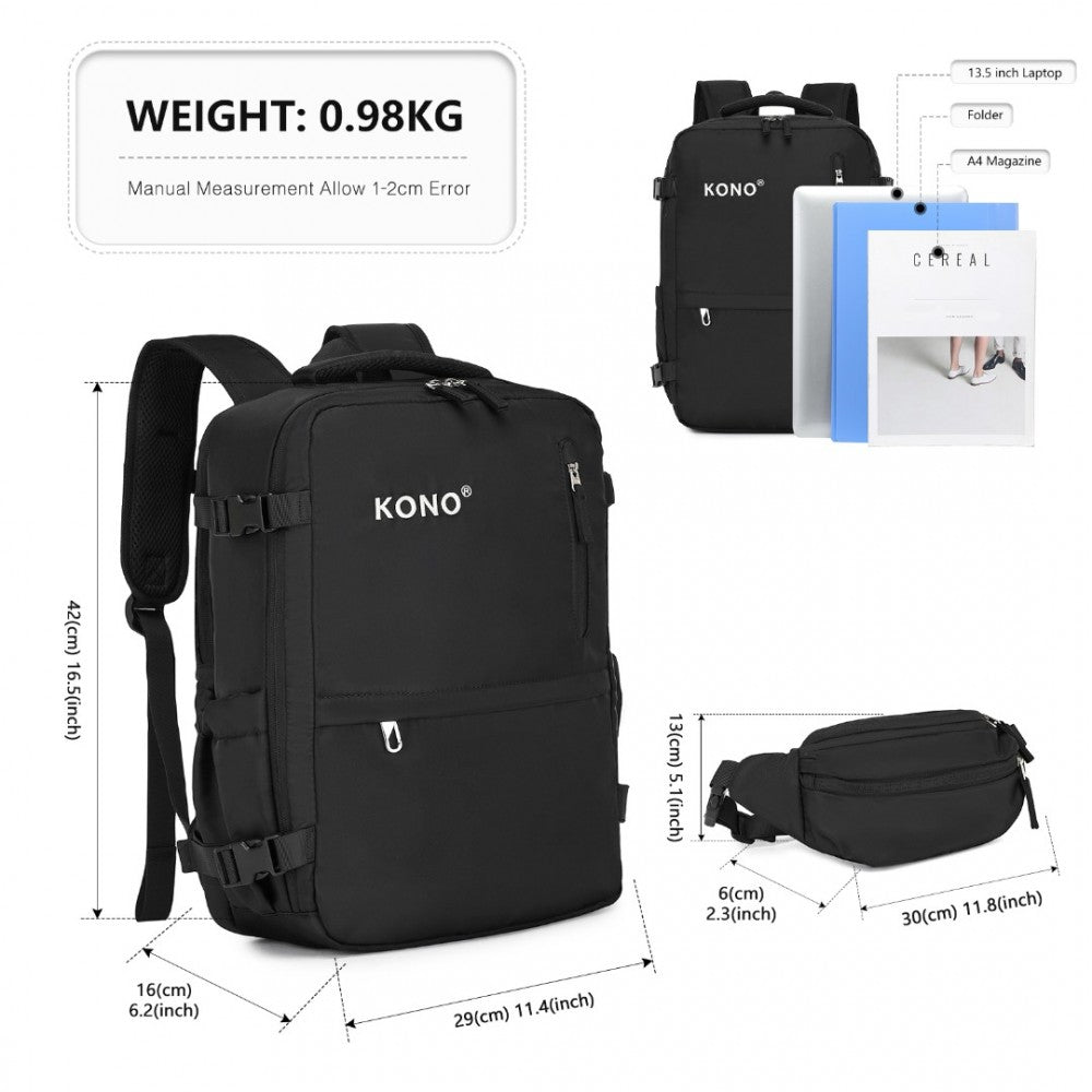 Traveler's Backpack with Detachable Waist Pack and Integrated USB/Type-C Charging Ports – Black