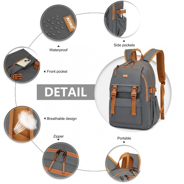 PVC Coated Urban Water-Resistant Backpack with Reflective Safety Straps and Multi-Compartment Design – Grey and Brown
