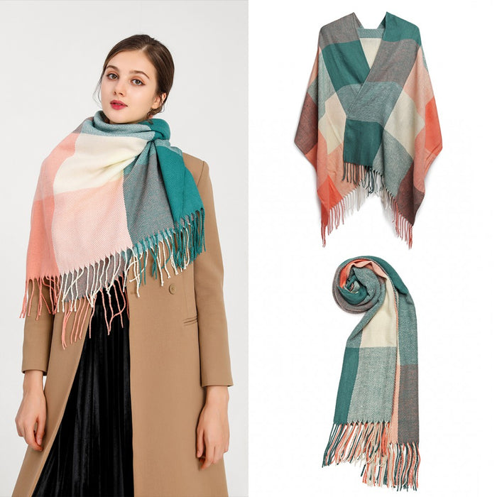 Women Fashion Long Shawl Grid Tassel Winter Warm Lattice Large Scarf – Green