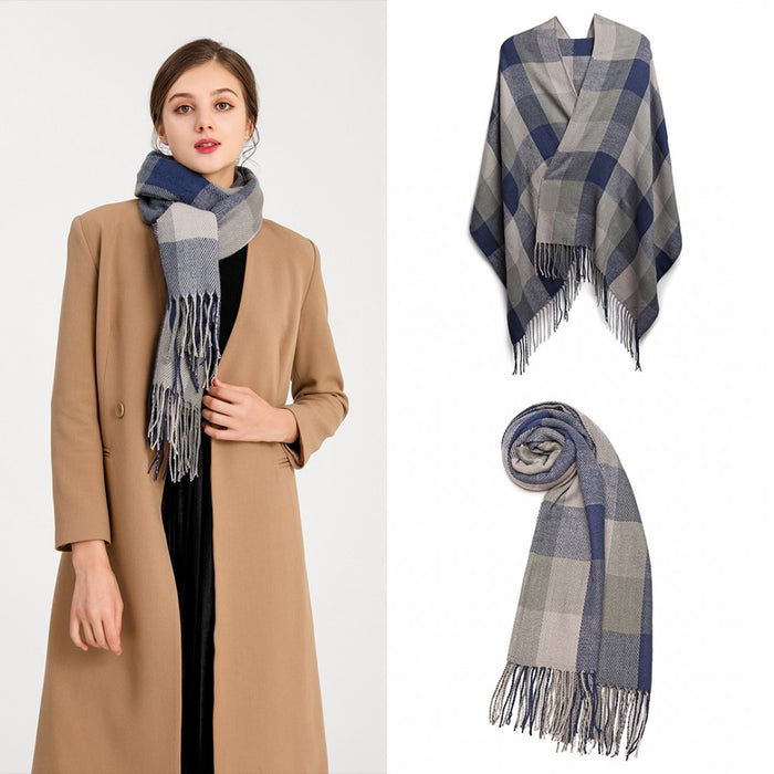 Women Fashion Long Shawl Grid Tassel Winter Warm Lattice Large Scarf – Grey
