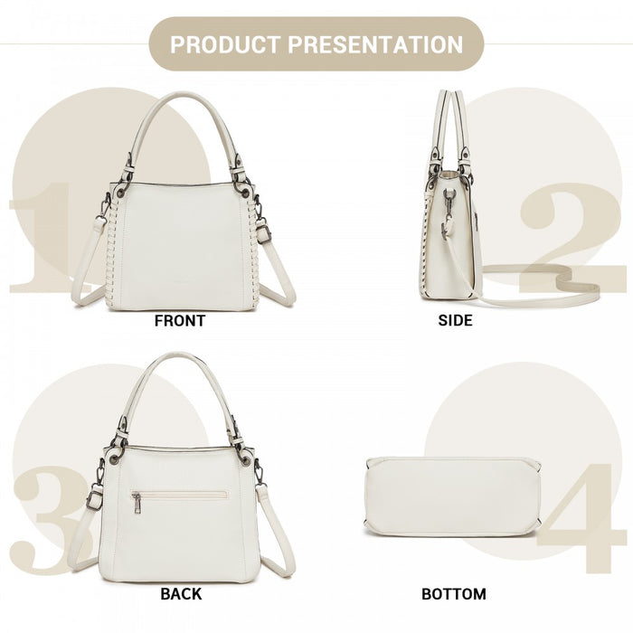 Textured PU Leather Crossbody Handbag with Woven Accents for Women – Beige