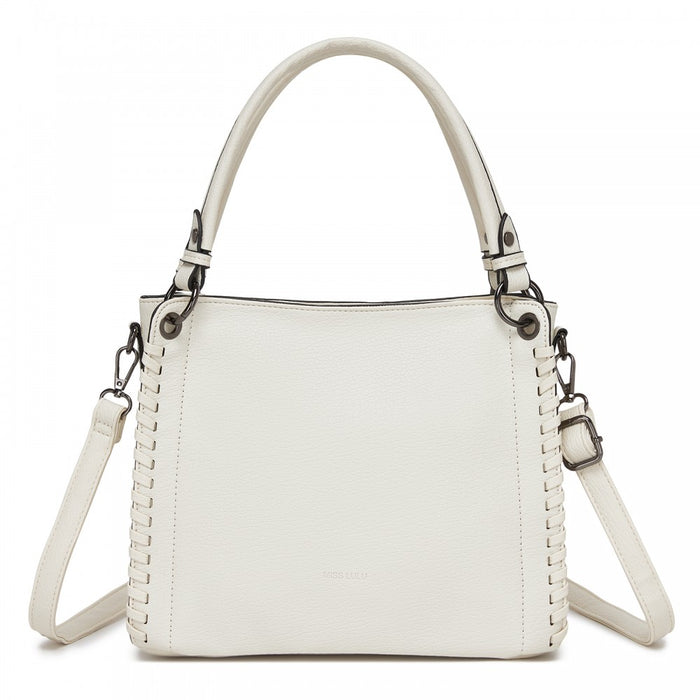 Textured PU Leather Crossbody Handbag with Woven Accents for Women – Beige