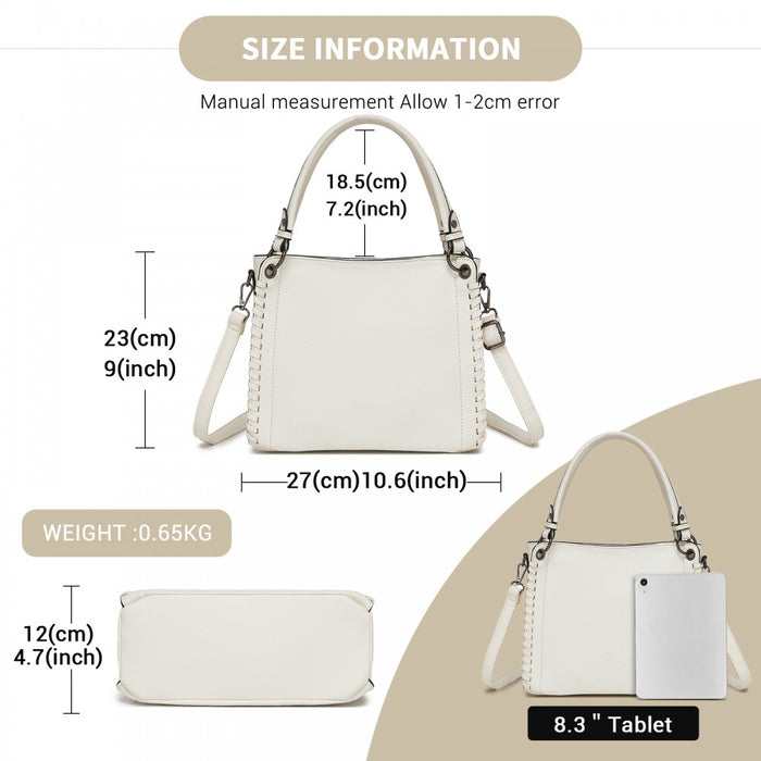 Textured PU Leather Crossbody Handbag with Woven Accents for Women – Beige
