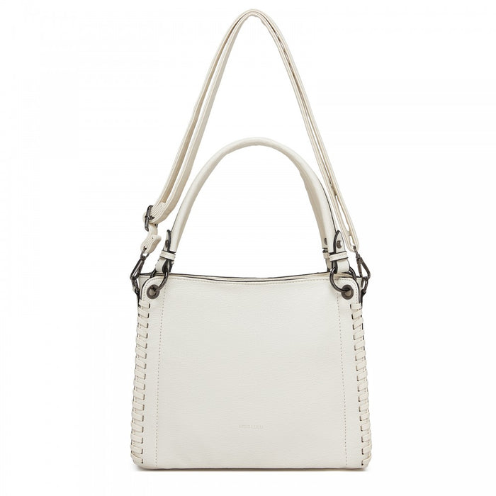 Textured PU Leather Crossbody Handbag with Woven Accents for Women – Beige
