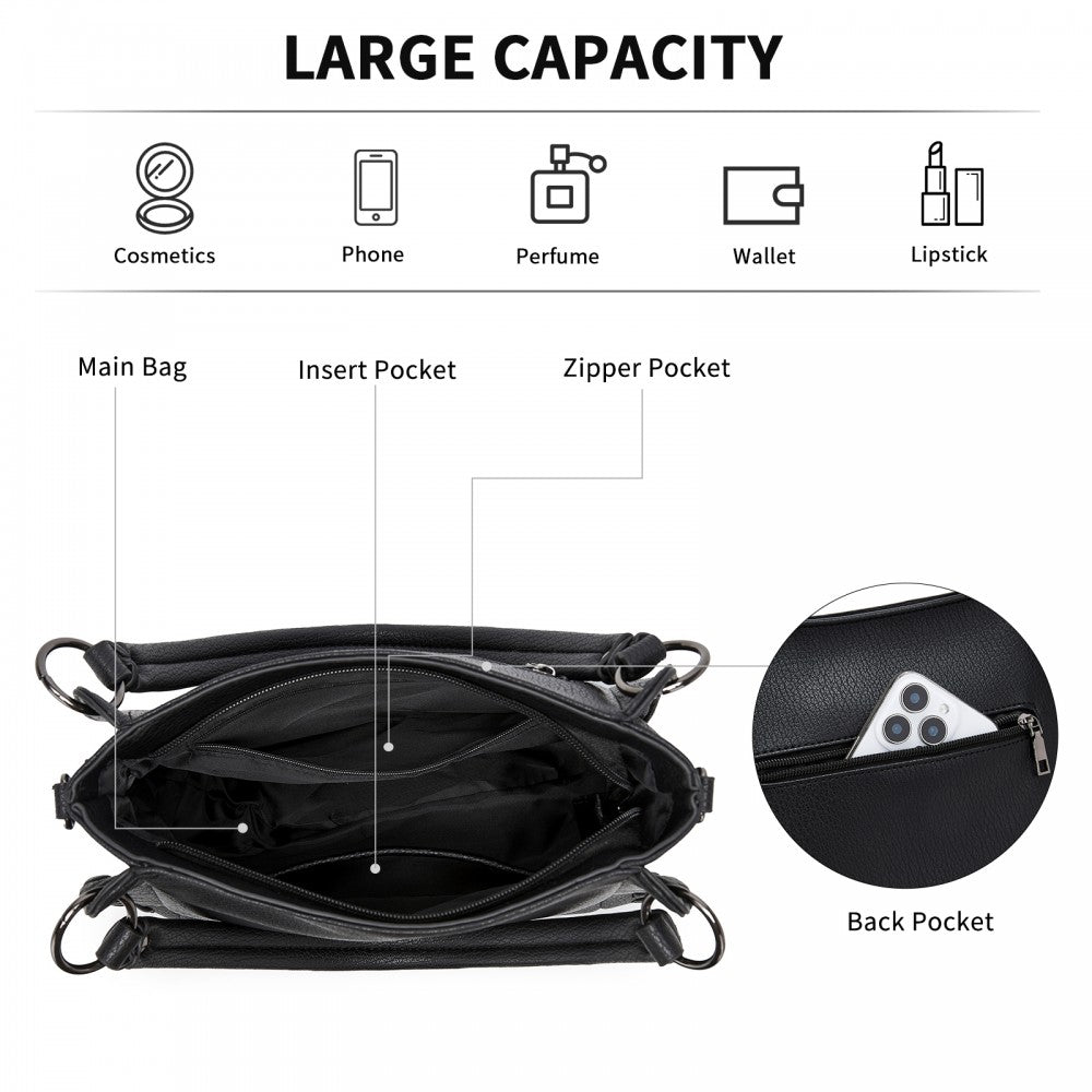 Textured PU Leather Crossbody Handbag with Woven Accents for Women – Black
