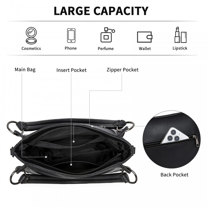 Textured PU Leather Crossbody Handbag with Woven Accents for Women – Black