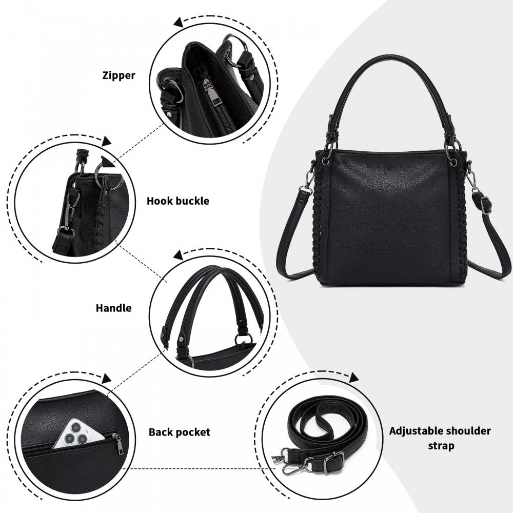Textured PU Leather Crossbody Handbag with Woven Accents for Women – Black