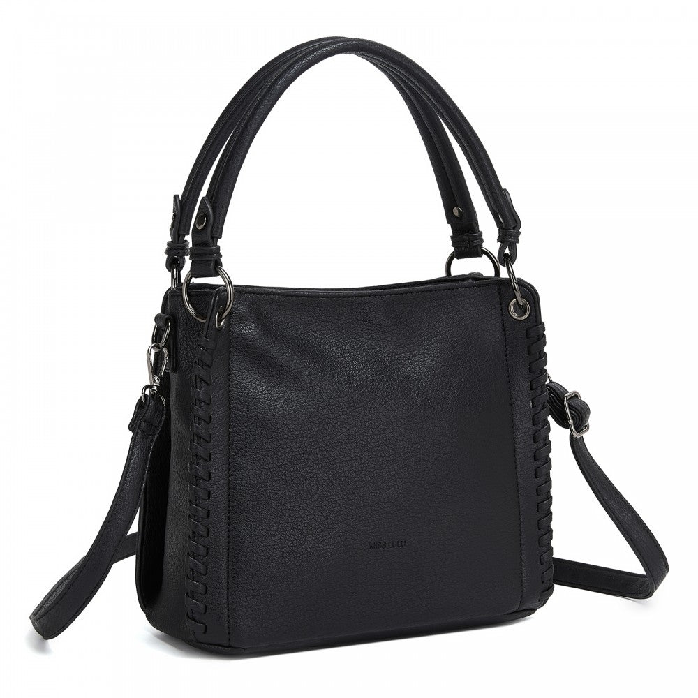 Textured PU Leather Crossbody Handbag with Woven Accents for Women – Black