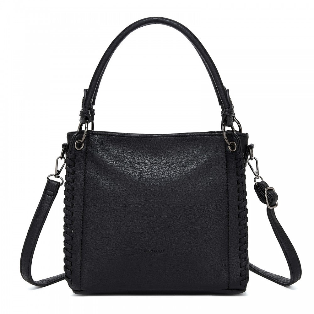 Textured PU Leather Crossbody Handbag with Woven Accents for Women – Black