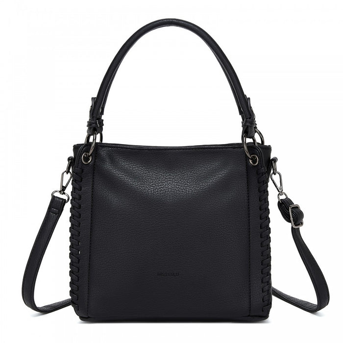 Textured PU Leather Crossbody Handbag with Woven Accents for Women – Black