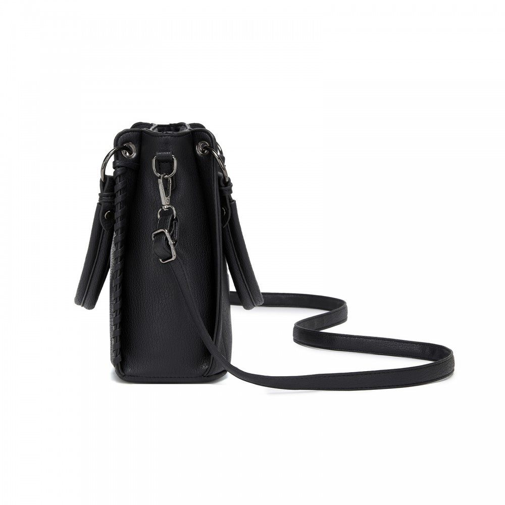 Textured PU Leather Crossbody Handbag with Woven Accents for Women – Black