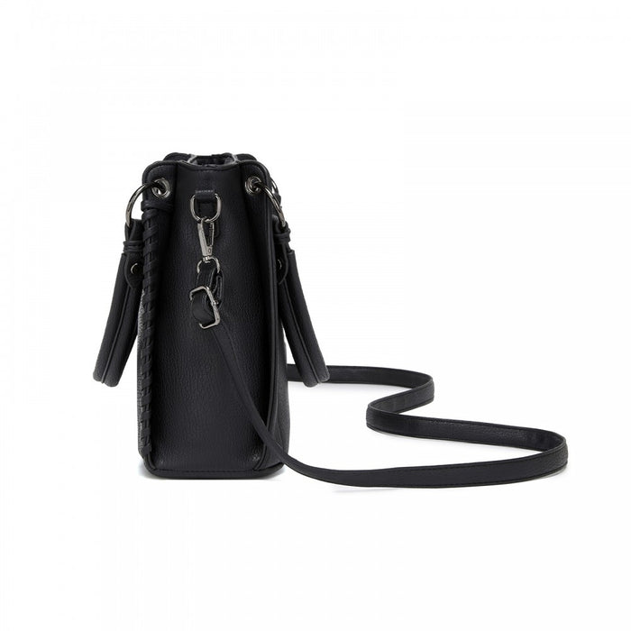 Textured PU Leather Crossbody Handbag with Woven Accents for Women – Black