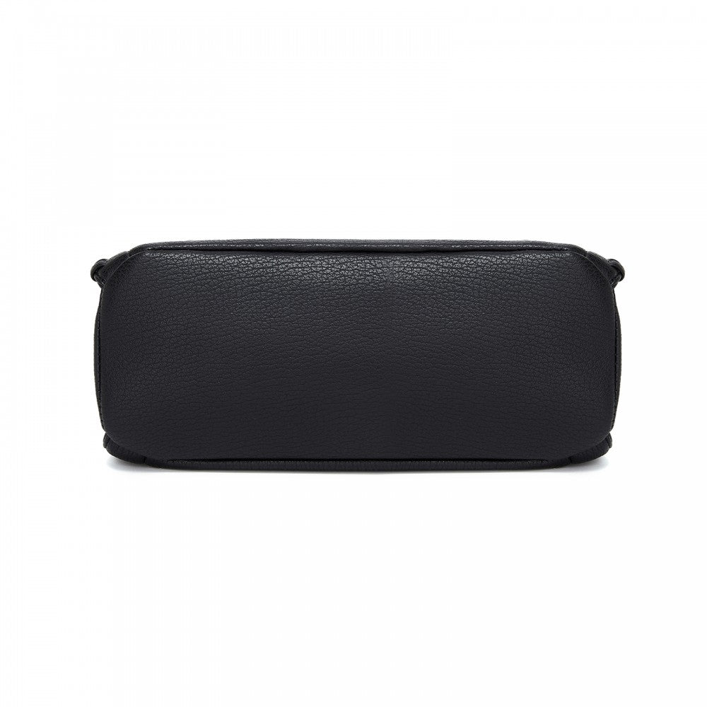 Textured PU Leather Crossbody Handbag with Woven Accents for Women – Black