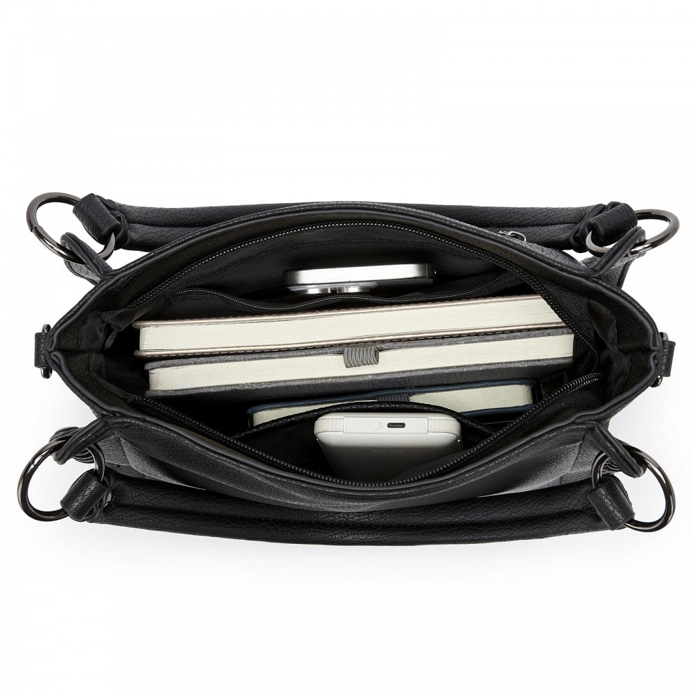 Textured PU Leather Crossbody Handbag with Woven Accents for Women – Black