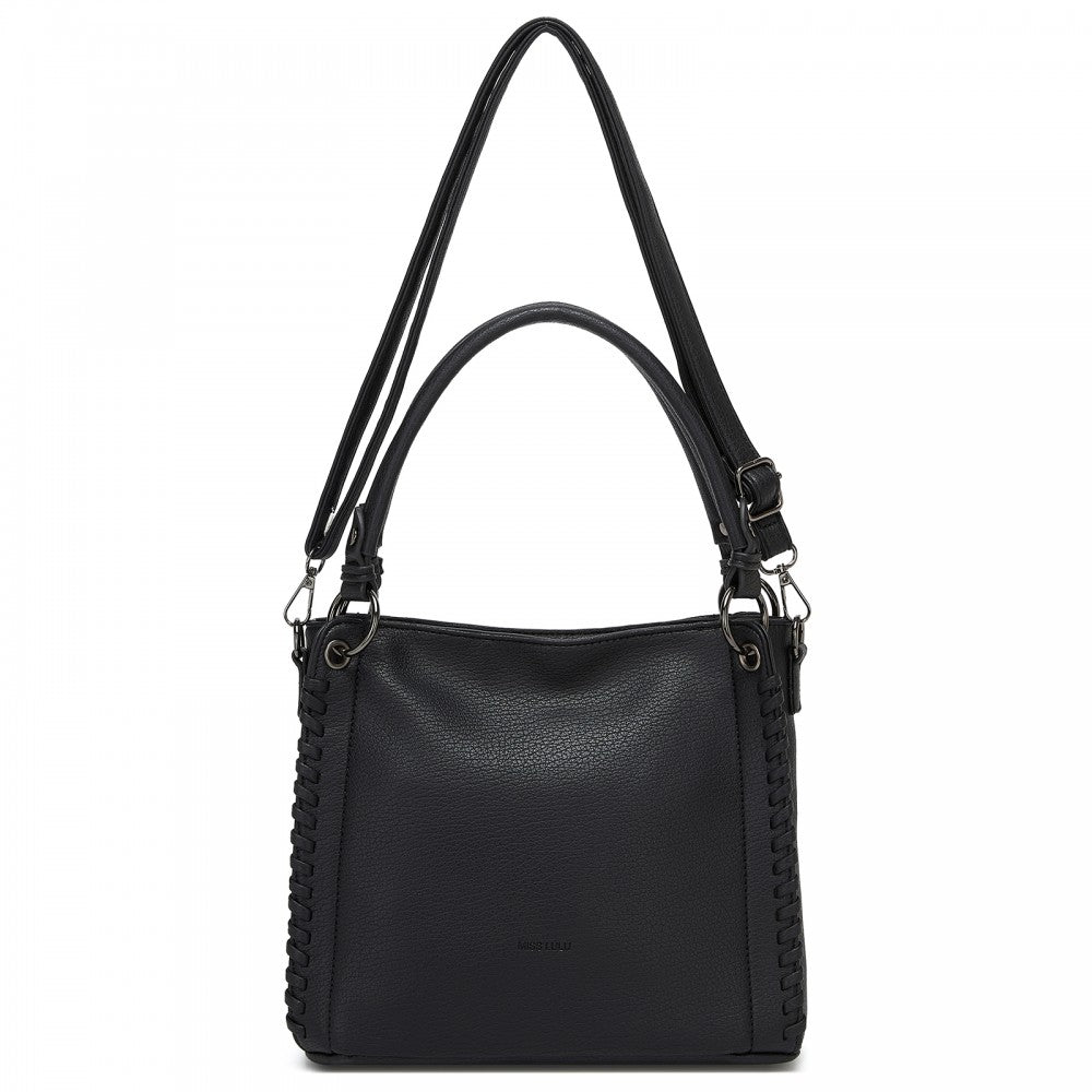Textured PU Leather Crossbody Handbag with Woven Accents for Women – Black